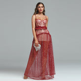 Strappy Sequins Mesh&Lace Maxi Dress